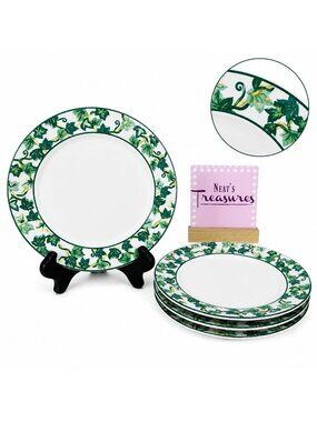 Riviera Van Beers Green IVY TRELLIS Vines White Stoneware Salad Plates Set of 4